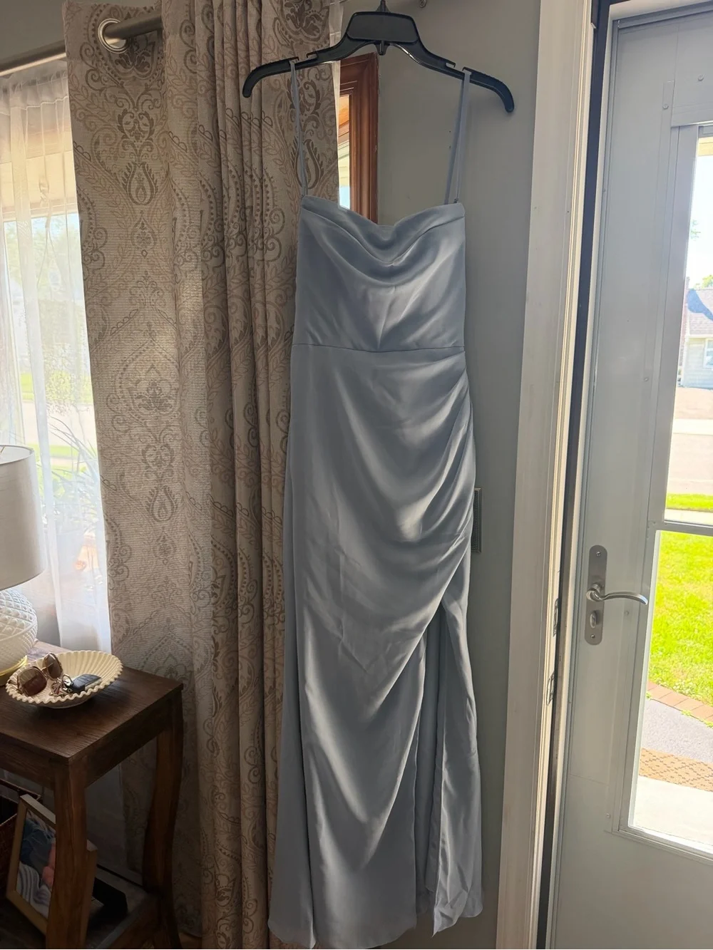 Azazie Strapless Dusty Blue Evening Gown with High Slit